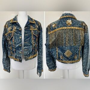 Vintage Hand Embellished Acid Washed Denim Jacket - Beaded Fringe - Sz. Medium
